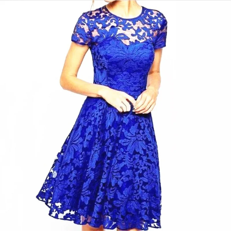 Robe Sexy en dentelle florale pour femmes, col rond, manches courtes, Vintage, ligne a, Patchwork, Slim, plissée, balançoire, robe de soirée Cocktail – Image 2