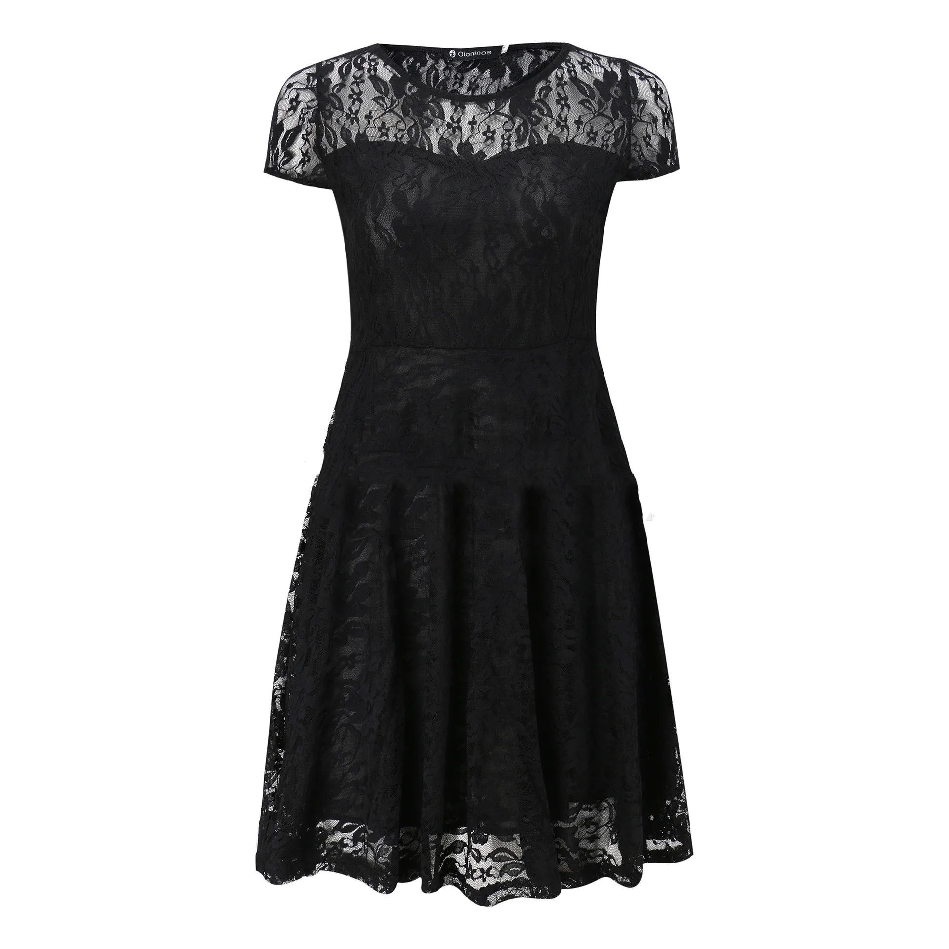 Robe Sexy en dentelle florale pour femmes, col rond, manches courtes, Vintage, ligne a, Patchwork, Slim, plissée, balançoire, robe de soirée Cocktail – Image 4