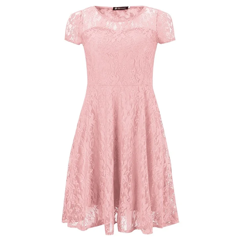 Robe Sexy en dentelle florale pour femmes, col rond, manches courtes, Vintage, ligne a, Patchwork, Slim, plissée, balançoire, robe de soirée Cocktail – Image 3