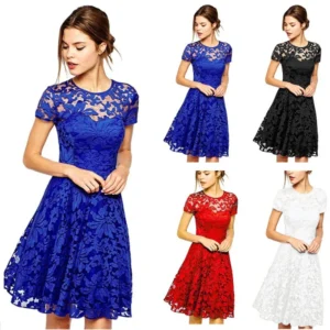 Robe Sexy en dentelle florale pour femmes, col rond, manches courtes, Vintage, ligne a, Patchwork, Slim, plissée, balançoire, robe de soirée Cocktail