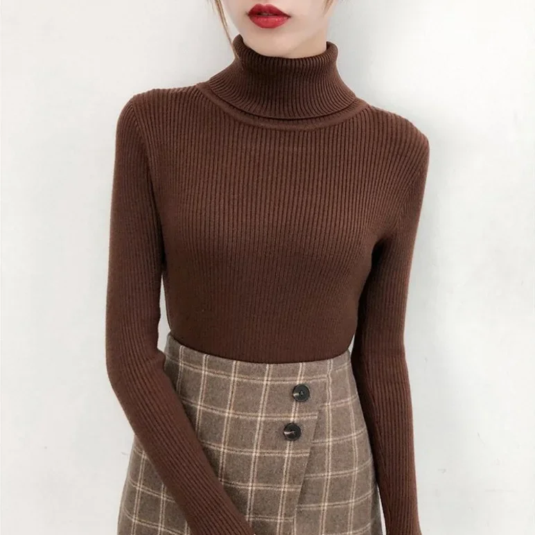 Pull à col roulé à manches longues pour femmes, pull côtelé élégant, mince, automne, hiver – Image 10