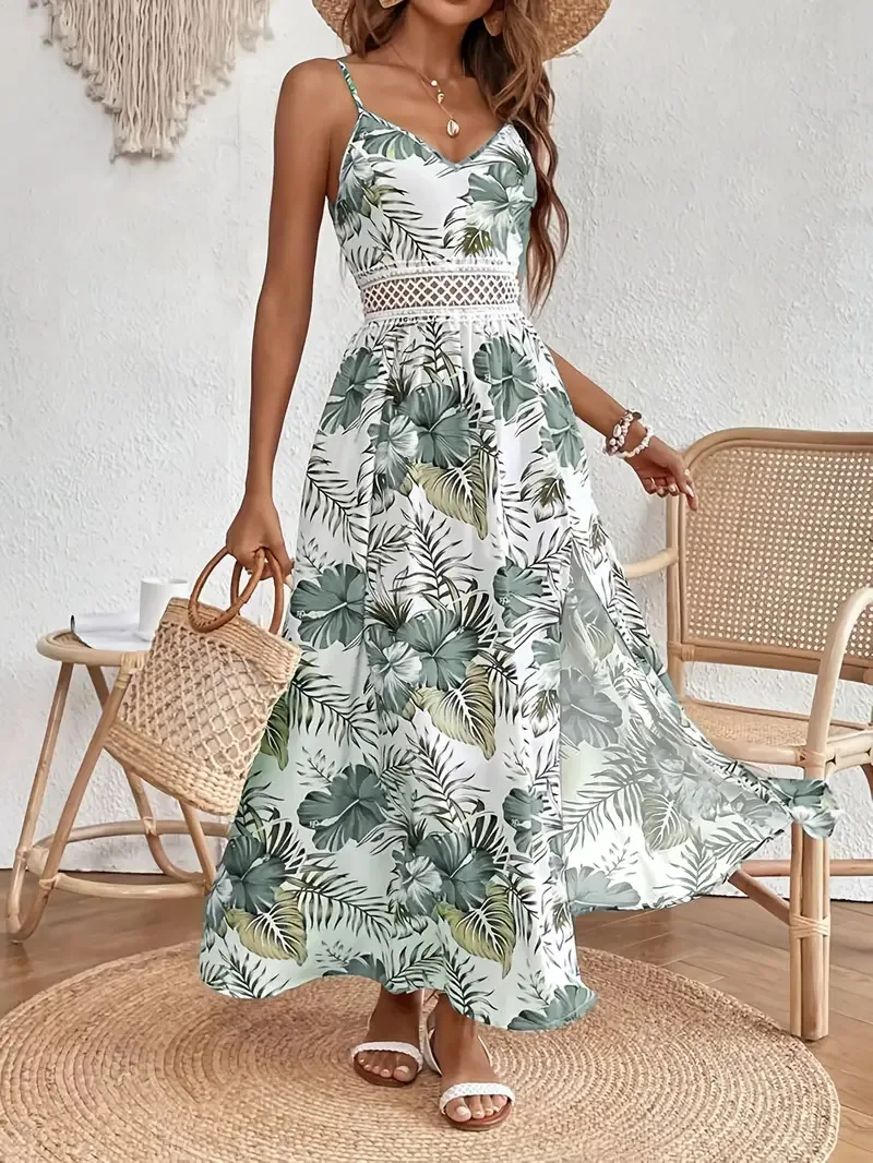 Robe longue ample pour femmes, col en V, à bretelles, style bohème, imprimée, avec fente à l'ourlet, nouvelle collection été, style plage et villégiature – Image 6