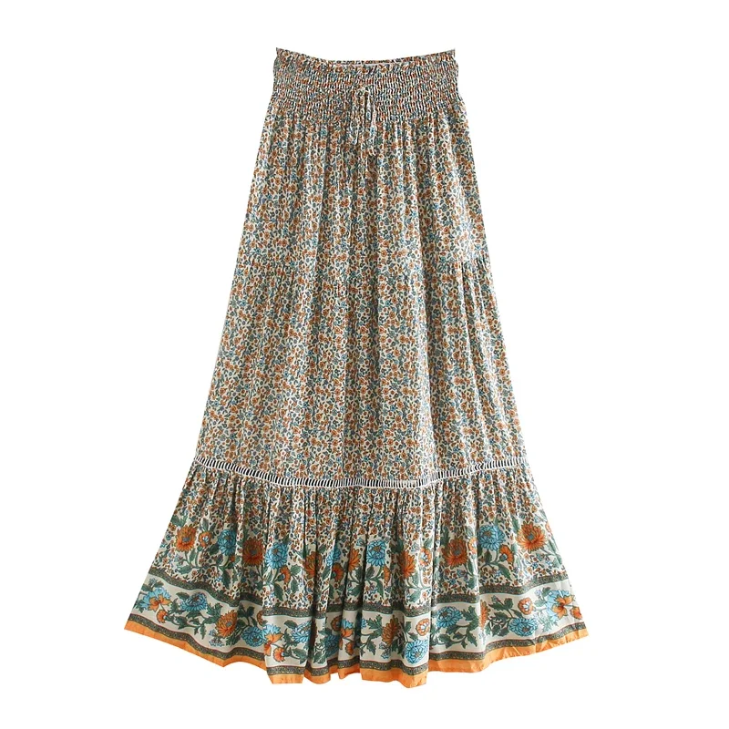 Happie Queens femmes rouge imprimé fleuri plage bohème jupe haute taille élastique rayonne coton Boho Maxi jupes Femme – Image 5