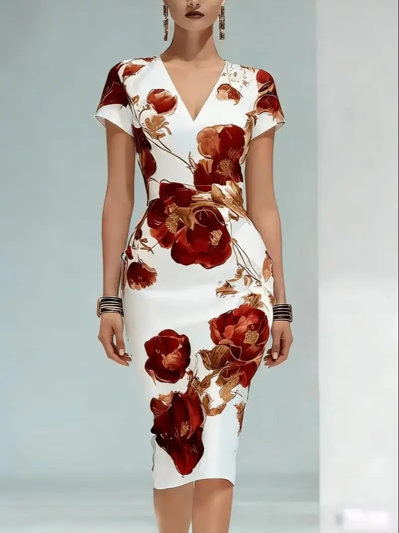 Robe mi-longue moulante à imprimé floral rouge et or pour femmes, col en V, élégante pour le travail et les soirées – Image 4
