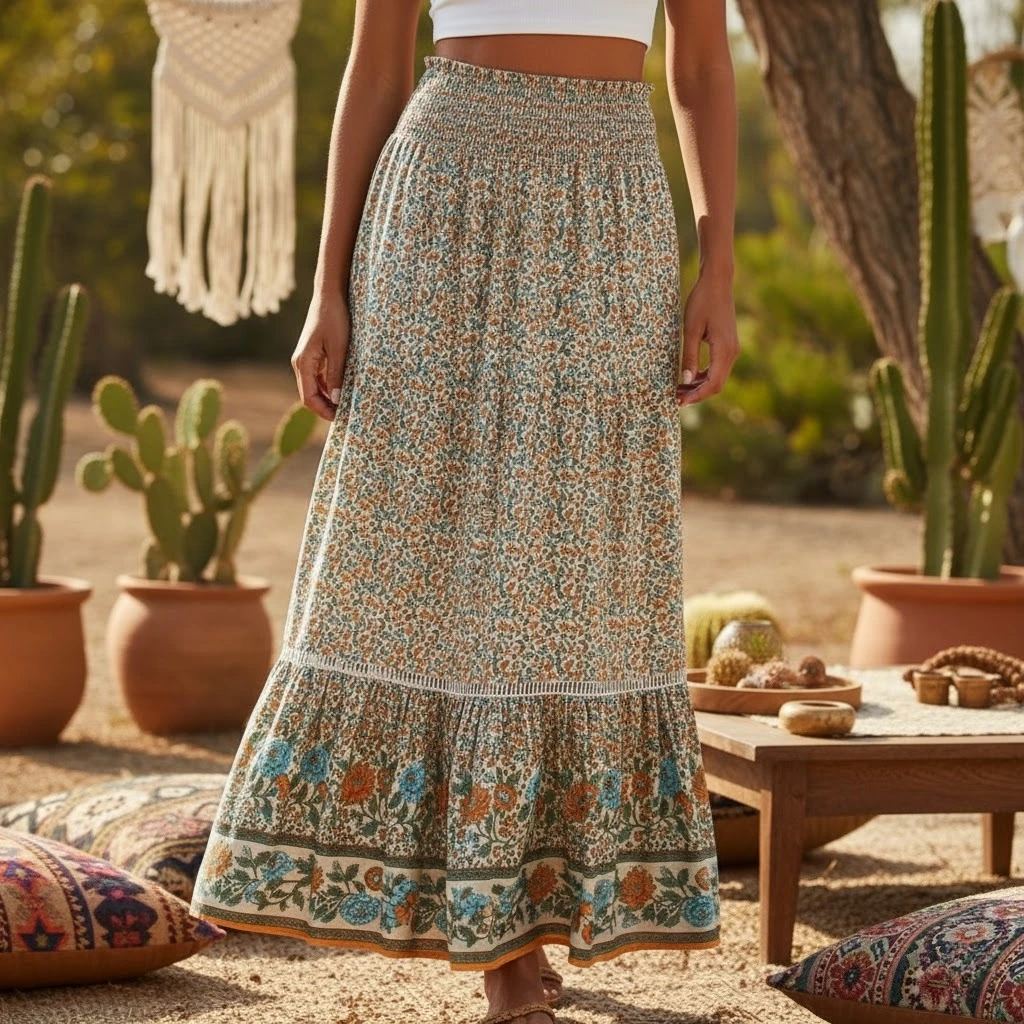 Happie Queens femmes rouge imprimé fleuri plage bohème jupe haute taille élastique rayonne coton Boho Maxi jupes Femme – Image 2