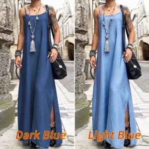 Robe longue en jean décontractée et sexy à bretelles pour femme, coupe ample, couleur unie, ourlet fendu, style streetwear, tenue décontractée, collection 2026