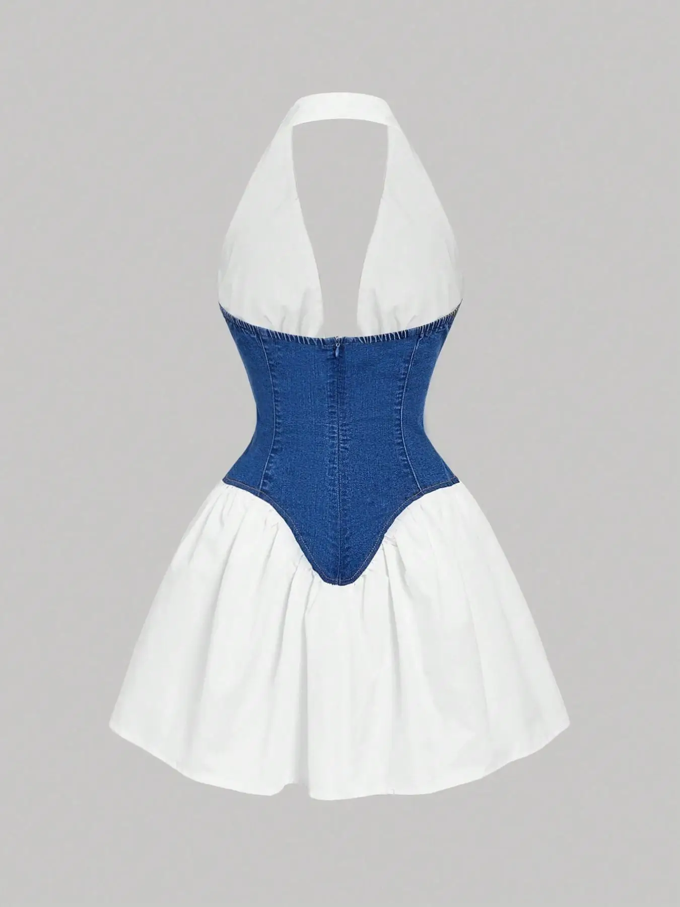 Robe en jean sans dos style américain, taille cintrée à fermeture éclair, ourlet évasé, robe courte sans manches, tendance printemps & automne – Image 6