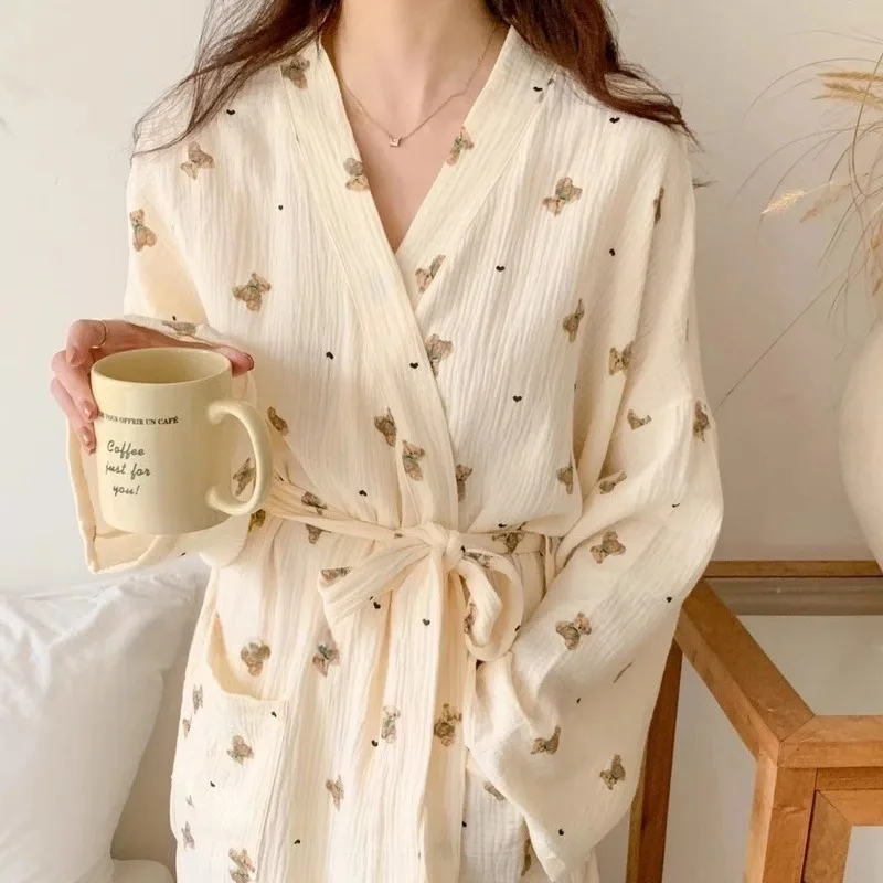 Femmes Robe de bain dessin animé mignon ours imprimé peignoir chemise de nuit Cardigan à manches longues chemise de nuit grande taille vêtements de détente chemise de nuit Ro – Image 4