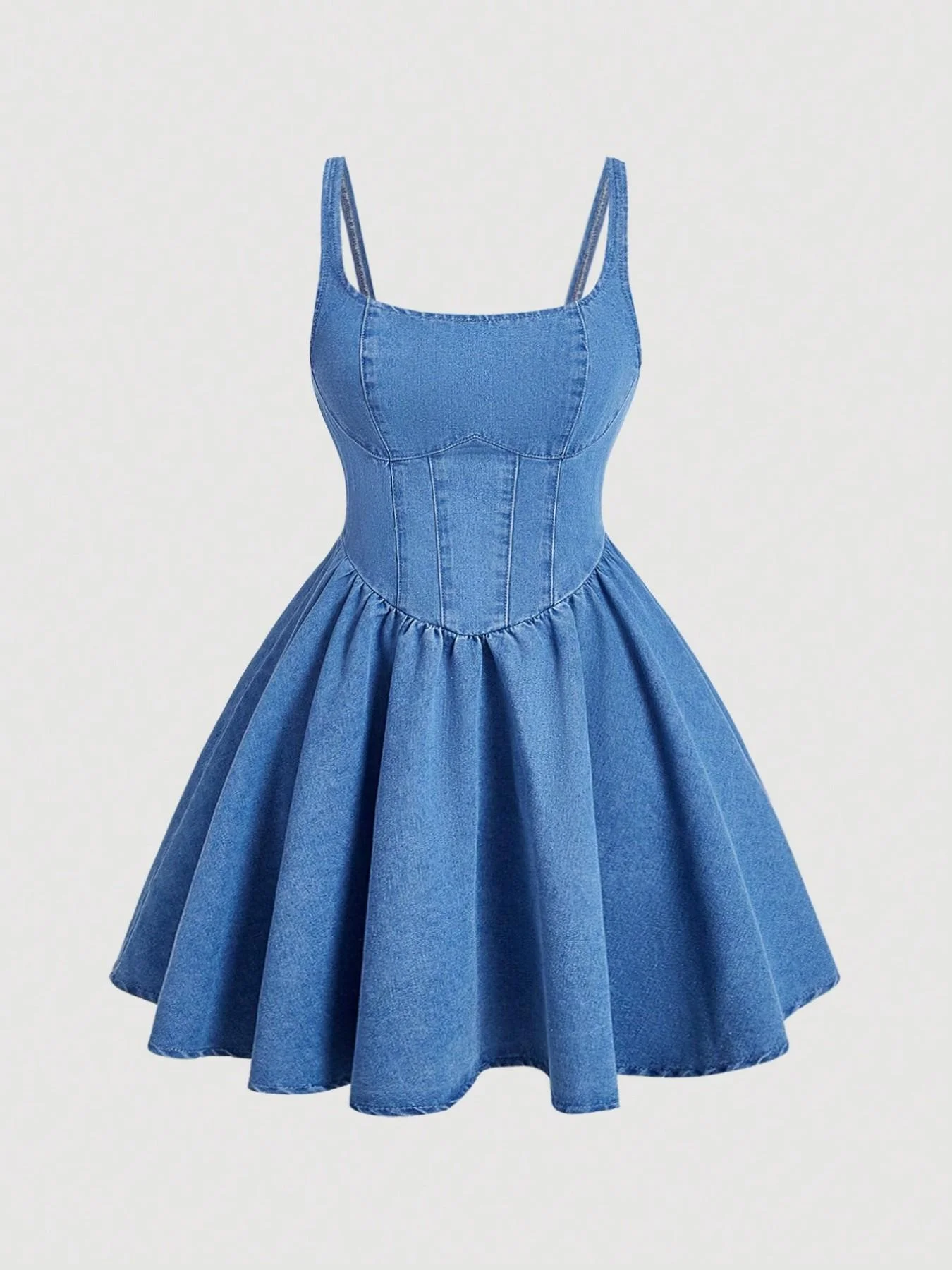 Robe en jean vintage à taille chevrons, jupe trapèze taille haute à fines bretelles, robe courte bouffante style parapluie, mode rétro – Image 5