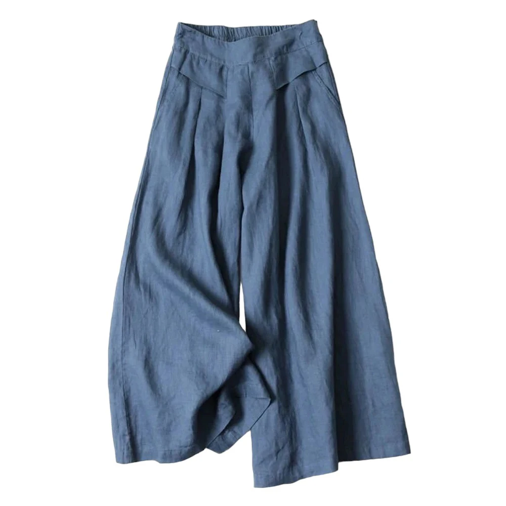 Culottes d'été 2026 pour femmes en coton et lin, pantalon palazzo décontracté à jambe large et taille élastique avec poches