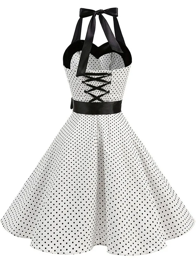 Femmes à pois imprimé Robe d'été Sexy rétro blanc licou Robe Vintage Robe Femme Pin Up Rockabilly Robe de soirée – Image 3
