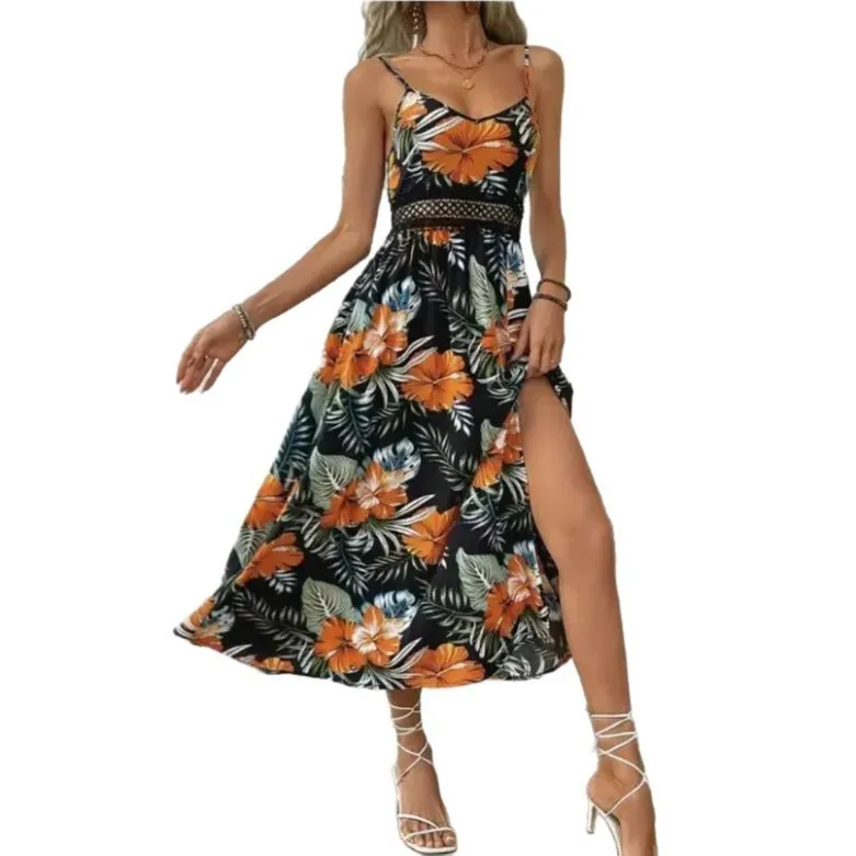 Robe longue ample pour femmes, col en V, à bretelles, style bohème, imprimée, avec fente à l'ourlet, nouvelle collection été, style plage et villégiature – Image 5