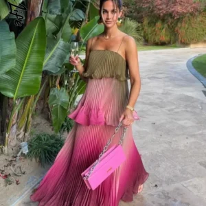 Robe longue plissée multicolore chic pour femme, élégante, à fines bretelles, volants superposés, fluide, style Vestidos, tenue de vacances d'été 2026 pour femme