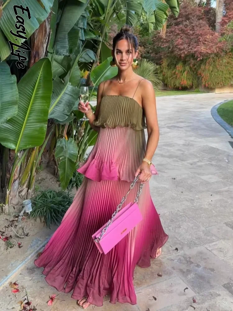 Robe longue plissée multicolore chic pour femme, élégante, à fines bretelles, volants superposés, fluide, style Vestidos, tenue de vacances d'été 2026 pour femme
