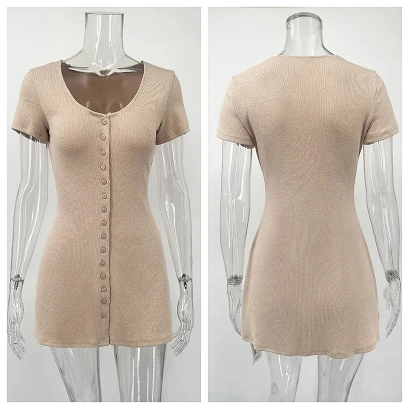 Robe Courte Tricotée Tornova pour Femme, Col en V, Boutons, Manches Courtes Élégantes, Haute Élasticité, Robe Décontractée pour Femme, Nouvelle Collection Été 2026 – Image 5