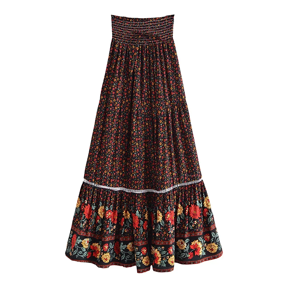 Happie Queens femmes rouge imprimé fleuri plage bohème jupe haute taille élastique rayonne coton Boho Maxi jupes Femme – Image 6