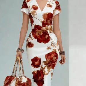 Robe mi-longue moulante à imprimé floral rouge et or pour femmes, col en V, élégante pour le travail et les soirées
