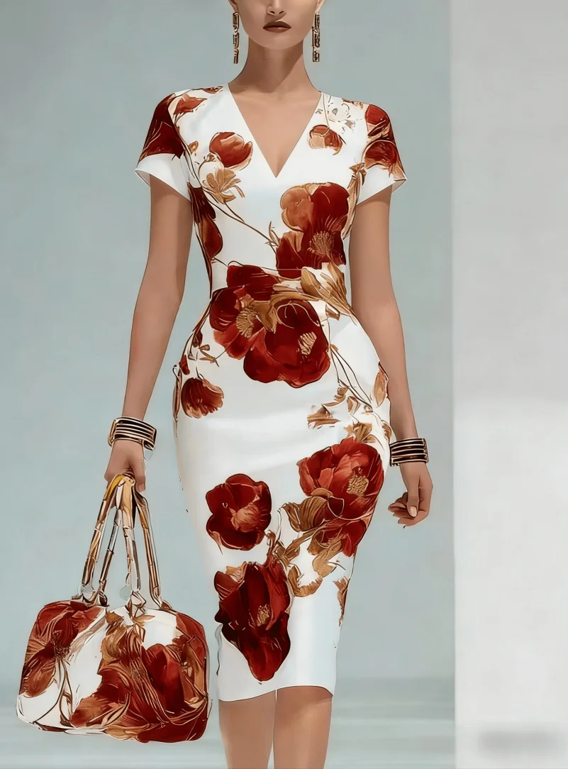Robe mi-longue moulante à imprimé floral rouge et or pour femmes, col en V, élégante pour le travail et les soirées