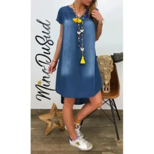 Robe en denim ample à manches courtes pour femmes, robe longue décontractée, mode vintage, grande taille, 1XL-5XL