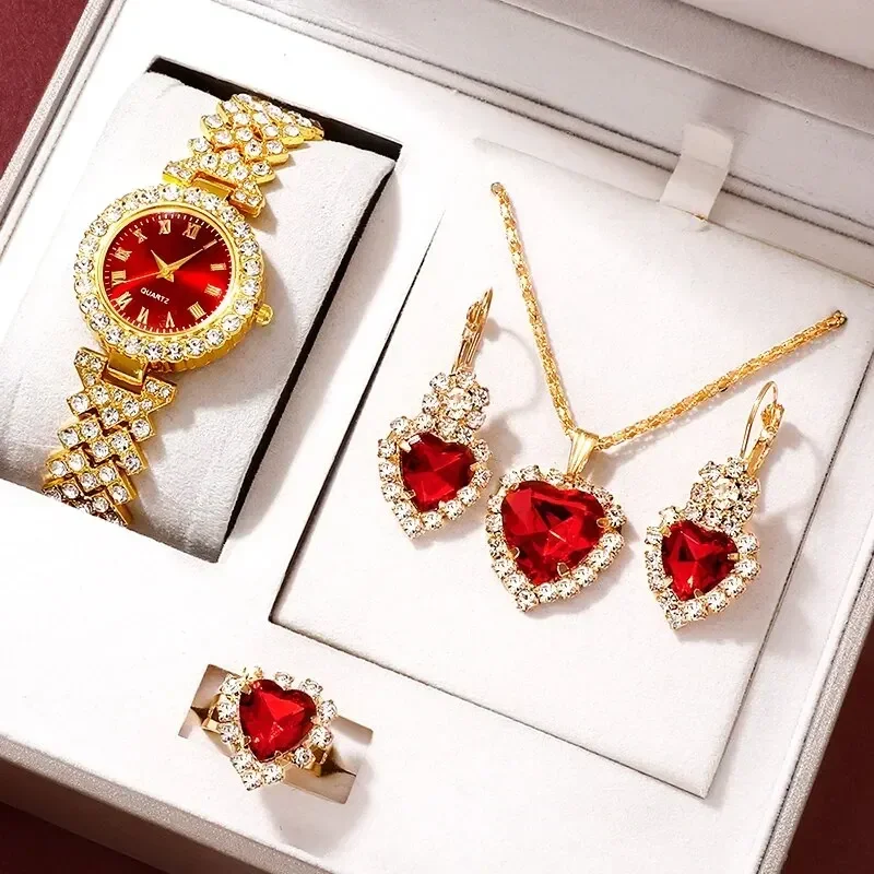 Montre de Luxe Dorée pour Femme, Ensemble de Bijoux, Bague, Collier, Boucles d'Oreilles, Strass, à la Mode, Décontractée – Image 7