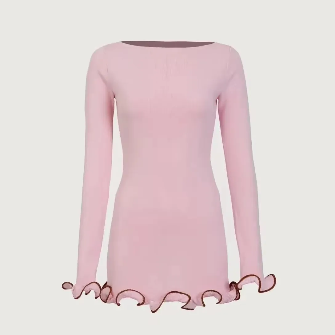 Robe en tricot slim pour femmes, sexy, à la mode, taille haute, jupe de soirée, enveloppée de hanches, bord à volants, jupe courte, automne – Image 5