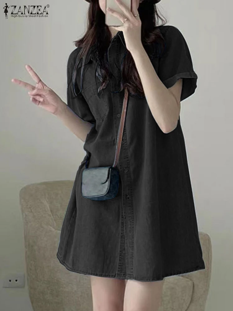 ZANZEA-Robe Chemise en Denim pour Femme, Col à Revers, Manches Courtes, Été 2024 – Image 2
