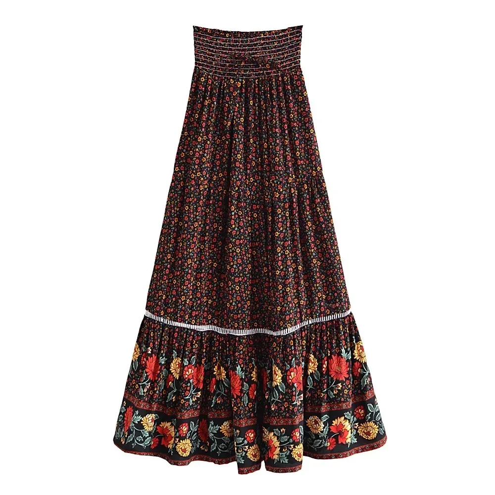 Happie Queens femmes rouge imprimé fleuri plage bohème jupe haute taille élastique rayonne coton Boho Maxi jupes Femme – Image 9