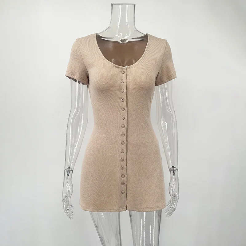 Robe Courte Tricotée Tornova pour Femme, Col en V, Boutons, Manches Courtes Élégantes, Haute Élasticité, Robe Décontractée pour Femme, Nouvelle Collection Été 2026 – Image 8