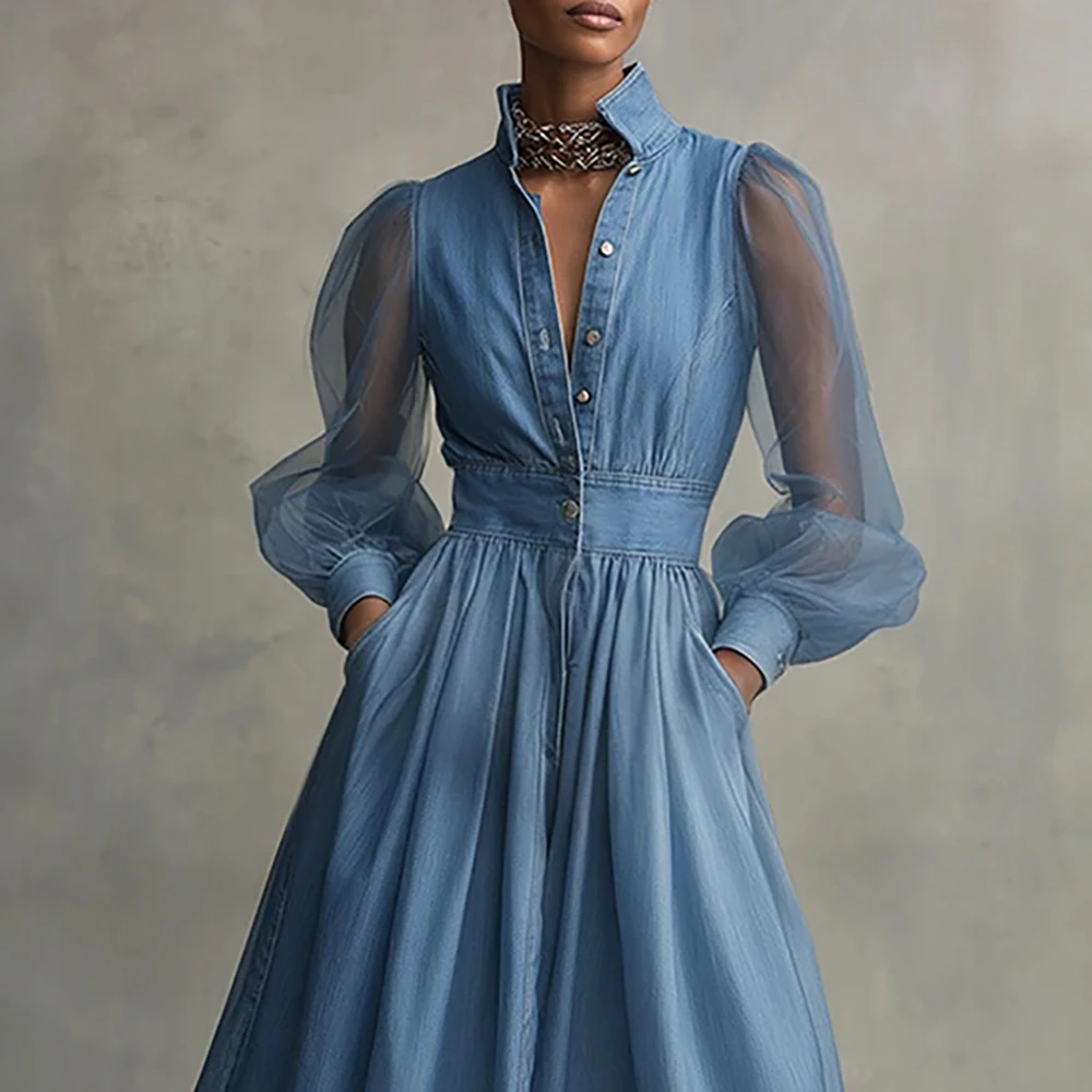 Robe midi élégante pour femme en faux denim, manches bouffantes transparentes, col montant, boutonnée, taille haute, coupe trapèze avec poches pour le printemps – Image 3