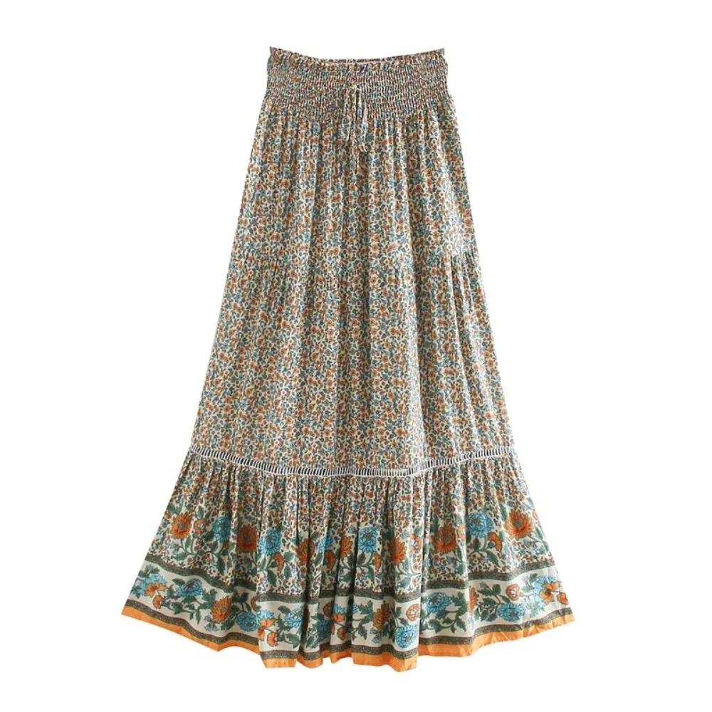 Happie Queens femmes rouge imprimé fleuri plage bohème jupe haute taille élastique rayonne coton Boho Maxi jupes Femme – Image 10