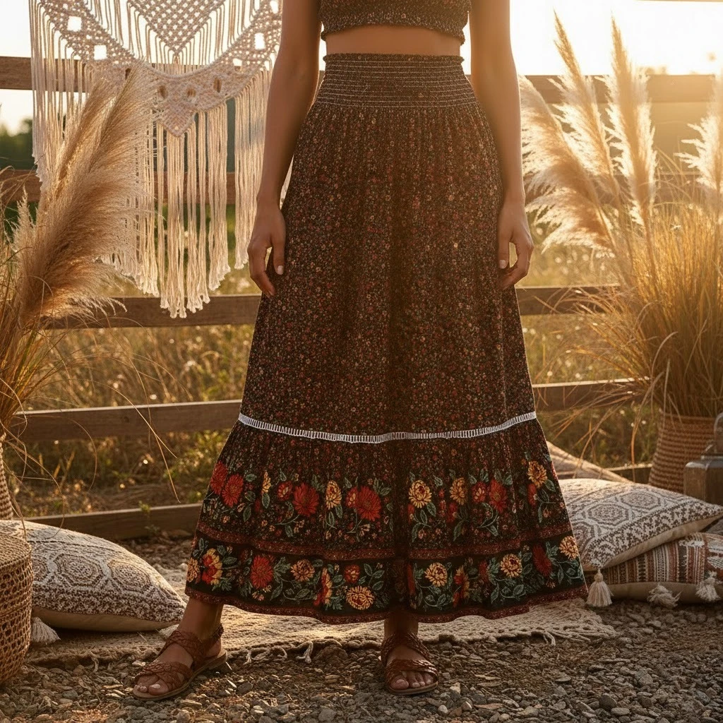 Happie Queens femmes rouge imprimé fleuri plage bohème jupe haute taille élastique rayonne coton Boho Maxi jupes Femme – Image 3