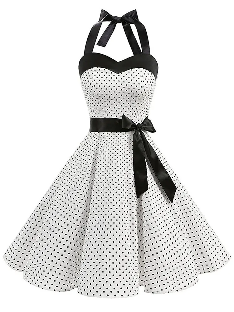 Femmes à pois imprimé Robe d'été Sexy rétro blanc licou Robe Vintage Robe Femme Pin Up Rockabilly Robe de soirée