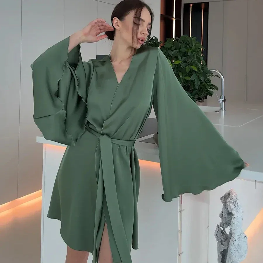 Robe longue élégante pour femme, peignoir kimono à grandes manches, nouvelle collection printemps-été, en soie glacée, nuisette sexy, pyjama – Image 10