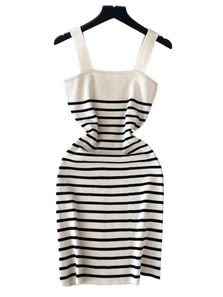 Robe d'été décontractée pour femme, bleue à rayures, à fines bretelles, col carré, en maille côtelée extensible, moulante, mini-robe pour le quotidien et les fêtes – Image 5