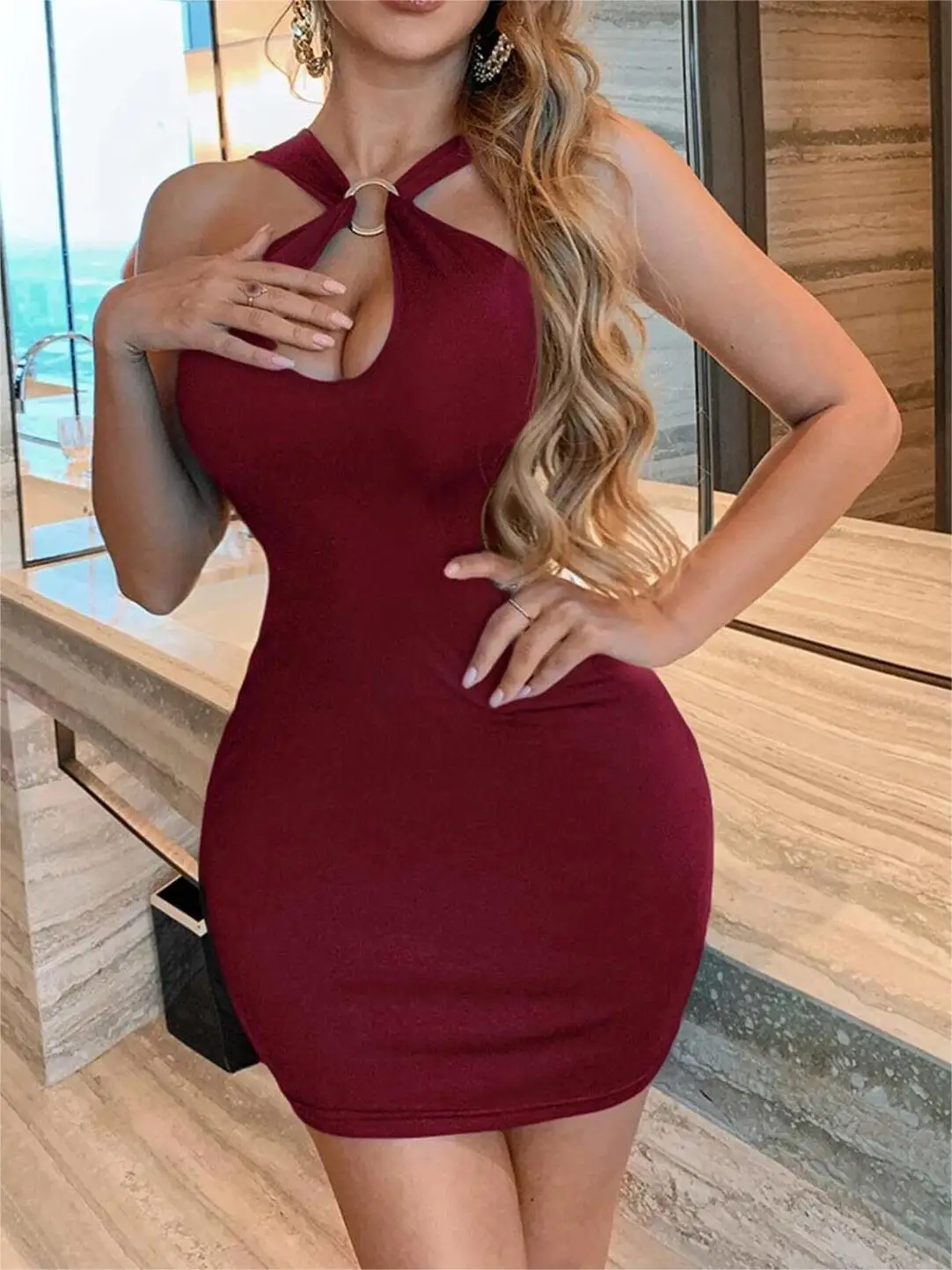 Robe moulante sexy pour femmes, couleur unie, printemps/été, avec décorations en anneaux métalliques, robe maxi décontractée tendance – Image 7