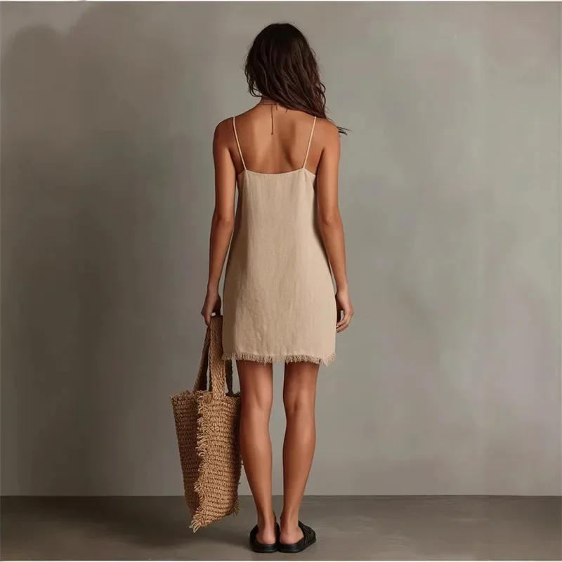 Nouvelle Robe Courte de Plage 2026 pour Femme, Sexy, Dos Nu, Col en V, Ample, Couleur Unie, Idéale pour les Vacances et la Maison – Image 3