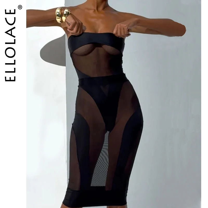 Ellolace élégant chaud Sexy Lingerie voir à travers sans bretelles body demi robe 2 pièces ensemble séduisant épissage fête reine Costume