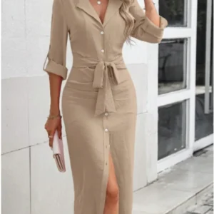 Bureau dame col en v couleur unie chemises Style robe femmes à manches longues bouton à lacets robe élégante automne printemps robes