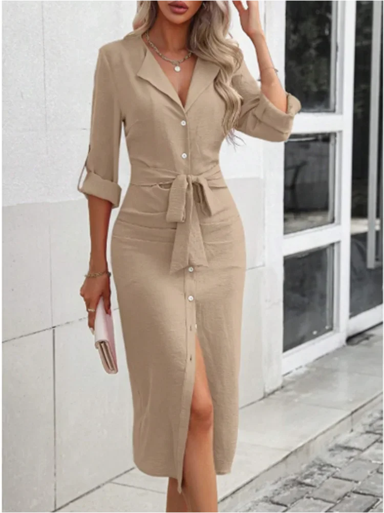Bureau dame col en v couleur unie chemises Style robe femmes à manches longues bouton à lacets robe élégante automne printemps robes