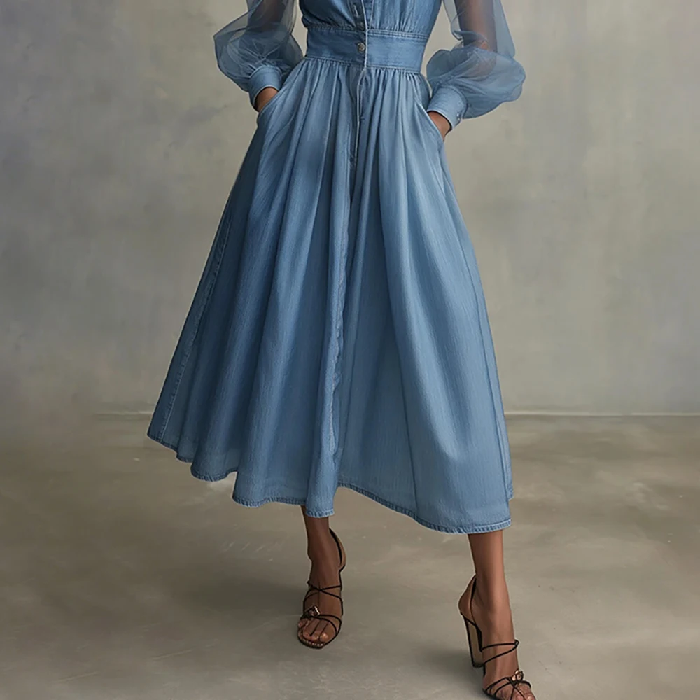 Robe midi élégante pour femme en faux denim, manches bouffantes transparentes, col montant, boutonnée, taille haute, coupe trapèze avec poches pour le printemps – Image 4