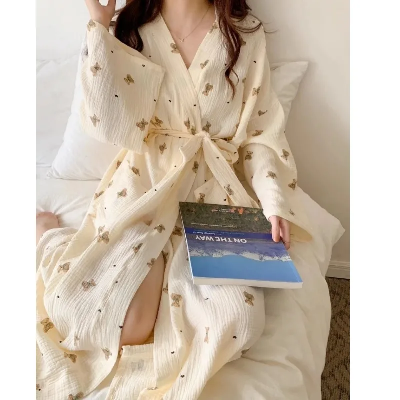 Femmes Robe de bain dessin animé mignon ours imprimé peignoir chemise de nuit Cardigan à manches longues chemise de nuit grande taille vêtements de détente chemise de nuit Ro – Image 2