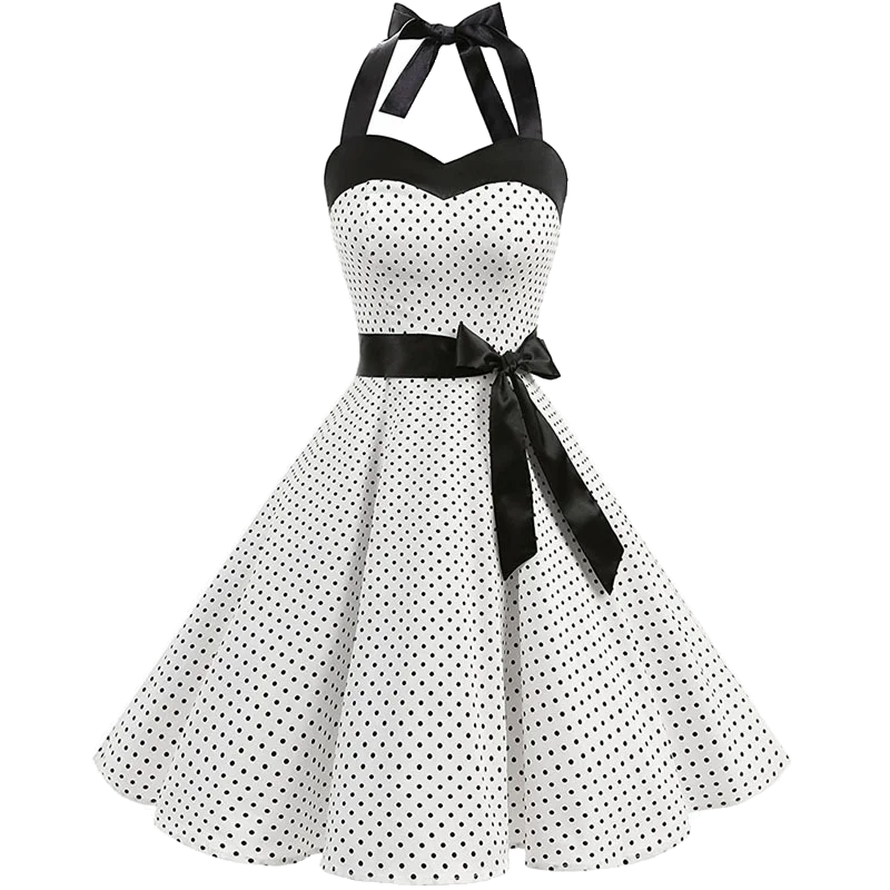 Femmes à pois imprimé Robe d'été Sexy rétro blanc licou Robe Vintage Robe Femme Pin Up Rockabilly Robe de soirée – Image 9