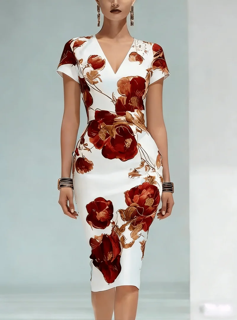 Robe mi-longue moulante à imprimé floral rouge et or pour femmes, col en V, élégante pour le travail et les soirées – Image 3