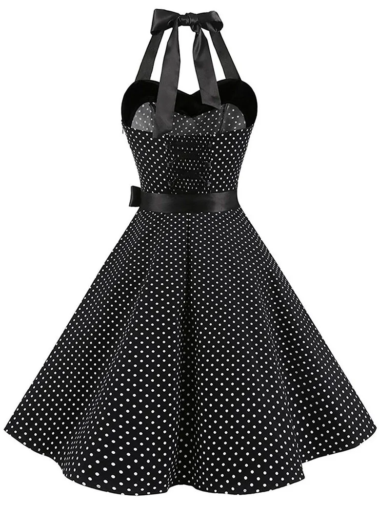 Femmes à pois imprimé Robe d'été Sexy rétro blanc licou Robe Vintage Robe Femme Pin Up Rockabilly Robe de soirée – Image 5