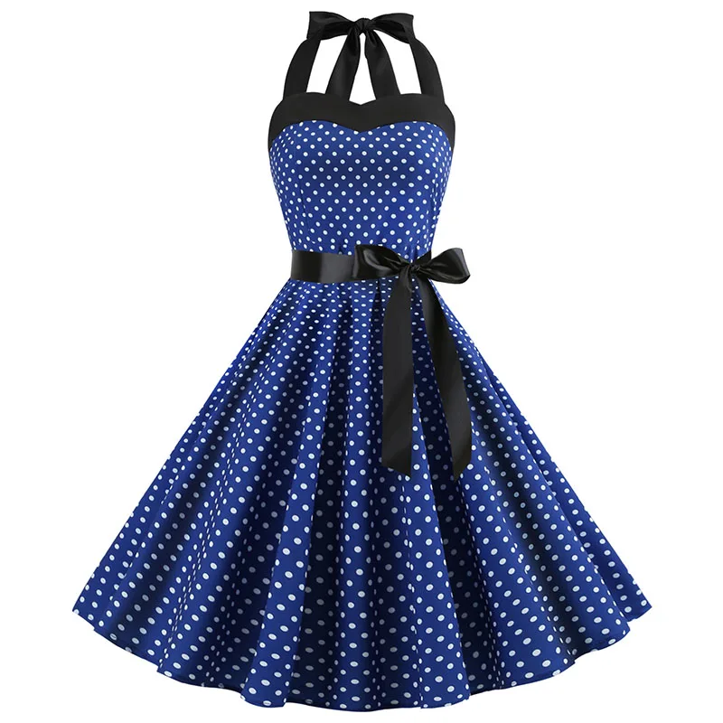 Femmes à pois imprimé Robe d'été Sexy rétro blanc licou Robe Vintage Robe Femme Pin Up Rockabilly Robe de soirée – Image 7