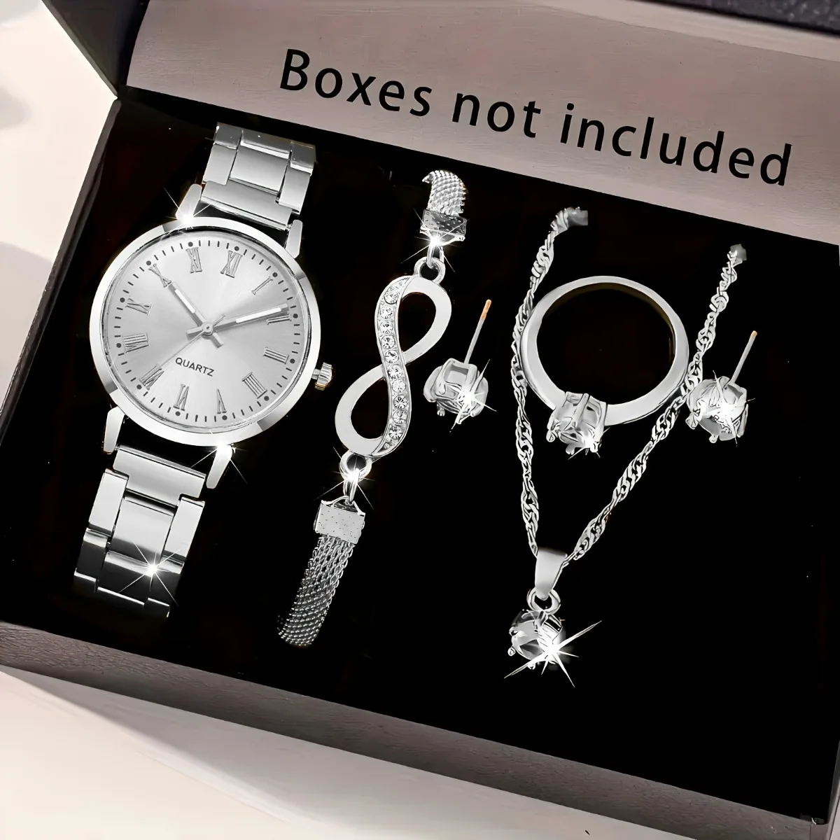 Ensemble de bijoux pour femmes, 6 pièces, montre à quartz tendance + bracelet infini en cristal, collier, boucles d'oreilles, bague pour dames (sans boîte) – Image 4