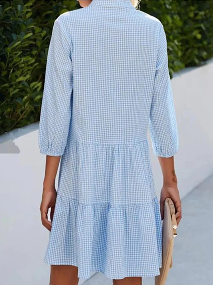 Mini robe à carreaux légère pour femmes, robes de style chemise, manches longues, col en V, printemps, automne – Image 3