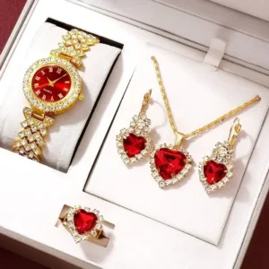 Montre de Luxe Dorée pour Femme, Ensemble de Bijoux, Bague, Collier, Boucles d'Oreilles, Strass, à la Mode, Décontractée