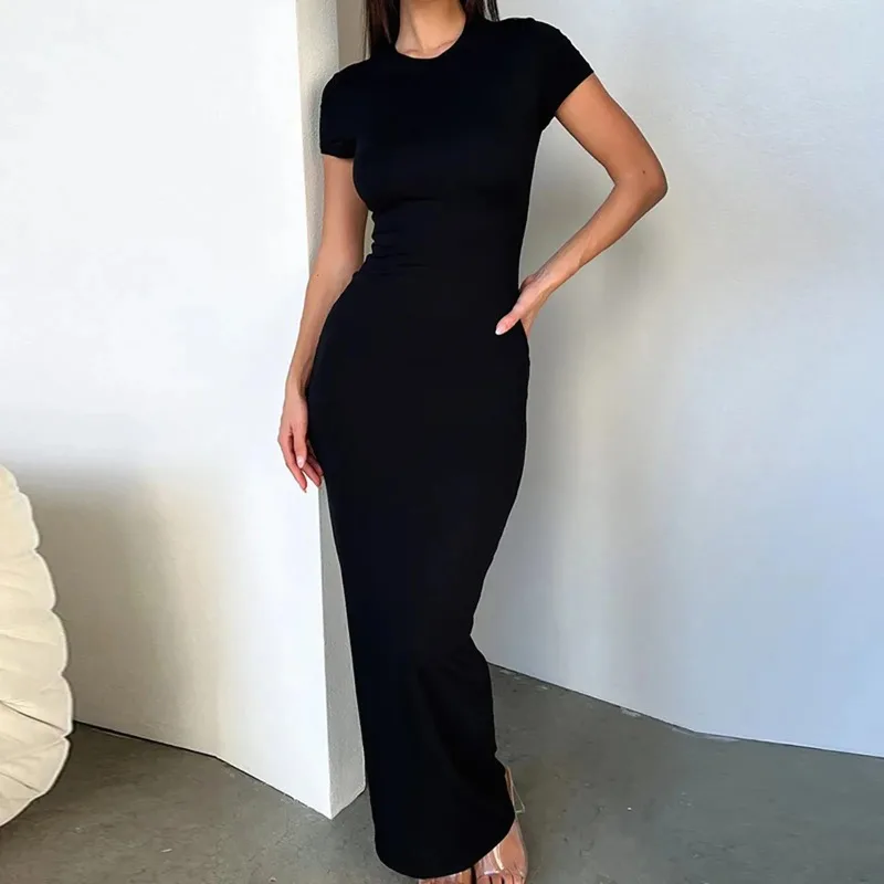 Sexy maigre femmes moulante robe de soirée mode col rond manches courtes couleur unie enveloppé hanche paquet robe longue femme robe Sexy