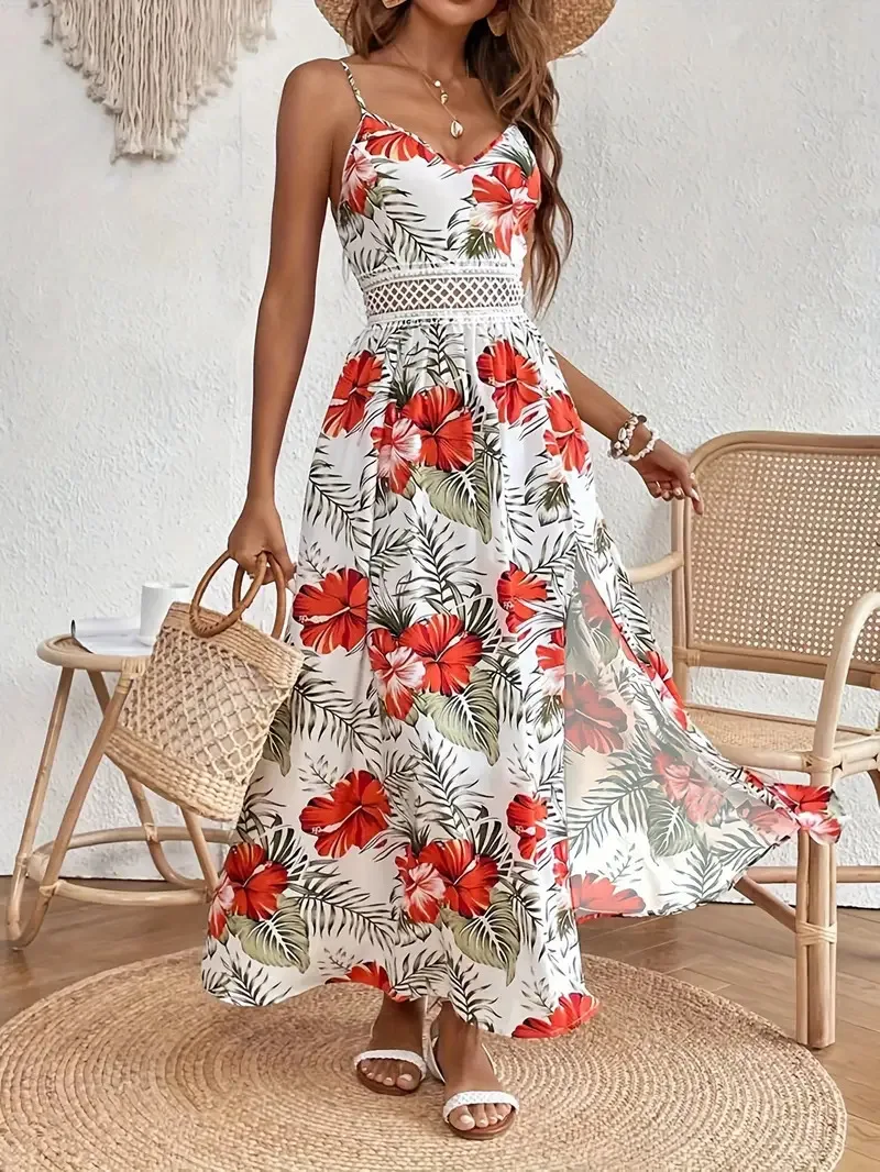 Robe longue ample pour femmes, col en V, à bretelles, style bohème, imprimée, avec fente à l'ourlet, nouvelle collection été, style plage et villégiature – Image 9